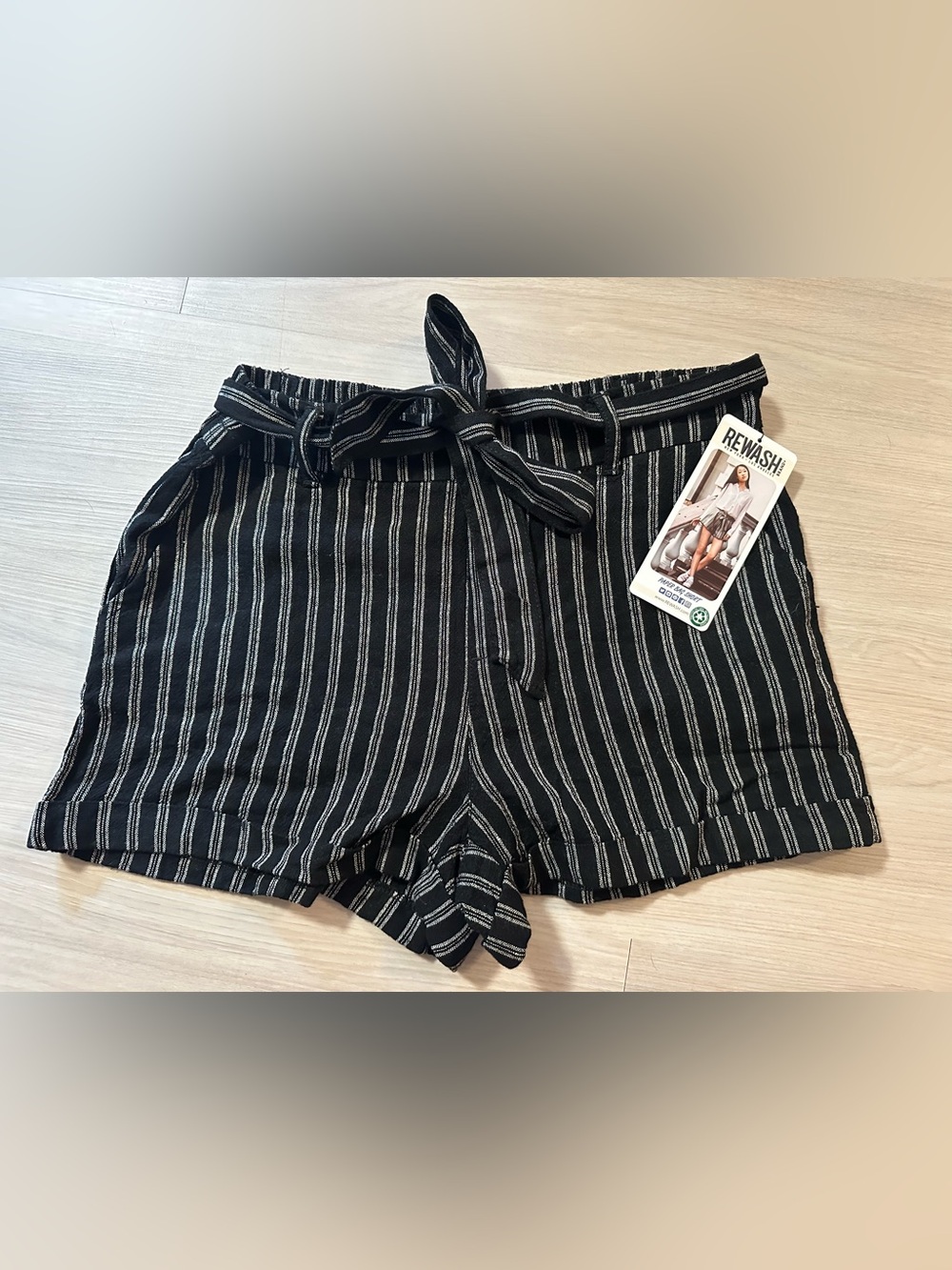 REWASH Black & White Striped High-Waist Paper Bag Tie Shorts